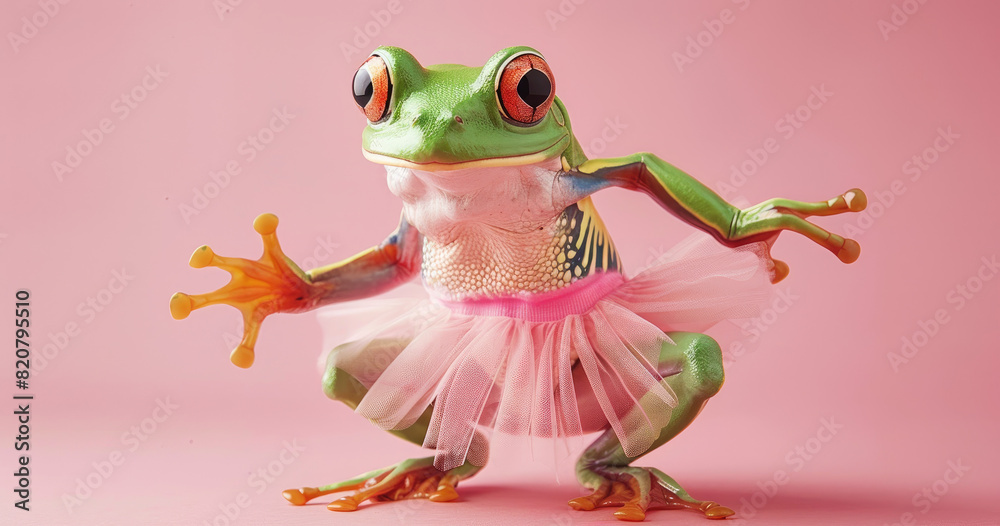 Wall mural happy smiling green frog in a pink tutu dancing on a light pastel background