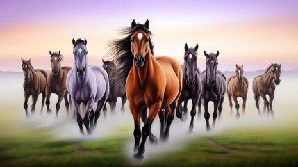 A dynamic illustration of A herd of wild horses is running across the open plain