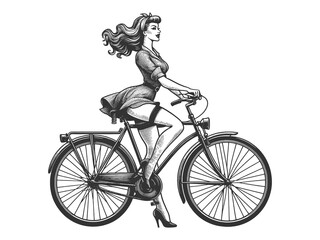 Obraz premium woman riding a classic bicycle, dressed in a chic outfit with heels sketch engraving generative ai fictional character raster illustration. Scratch board imitation. Black and white image.
