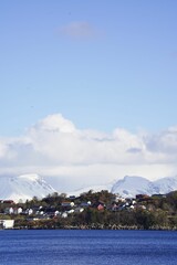 Fototapeta premium Aerial view of Alesund cityscape, Norway, with snow-capped mountains in the background