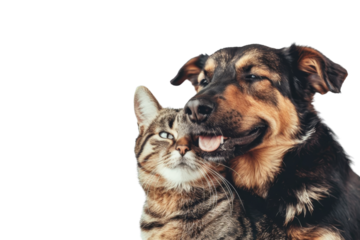 Heartwarming image of a dog and cat cuddling together, showcasing affection and companionship between different pet species in vibrant colors.