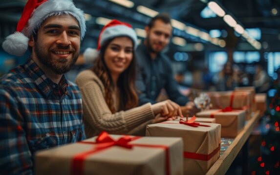 A group of people wearing Santa hats, gathered together, holding presents in a festive New Year and Christmas mood