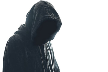 Mysterious figure in hoodie, face obscured, representing anonymity, cyber security, and digital age themes. Perfect for technology and security visuals.