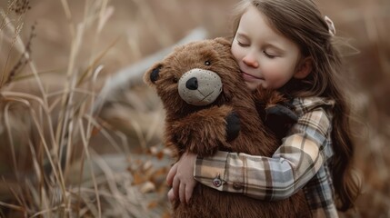 A little girl hugs a brown teddy bear in an outdoor location.