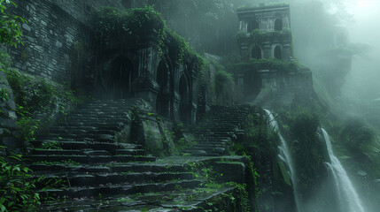 A misty, ancient stone ruin with overgrown vegetation and cascading waterfalls. The scene is atmospheric and evokes a sense of mystery and history.