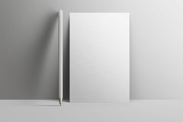 Blank paper card mockup template with pencil isolated on light grey background. 3D illustration.	

