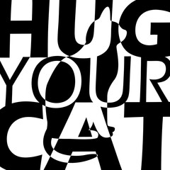 National Hug Your Cat Day event banner. Black and white style art bold text with illustration of a cat on white background to celebrate on June 4th
