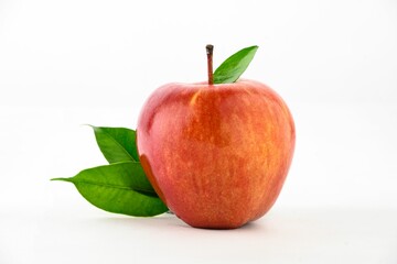 Ripe red apple with green leaves isolated on a white background