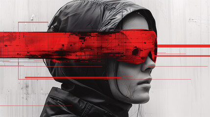 A person wearing a black hooded jacket and futuristic red visor glasses, with digital glitch effects overlaying the image.