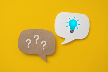 question mark sign and bright lightbulb sign on real speech speech bubble paper cut on yellow...
