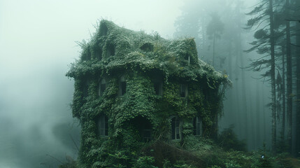 A mysterious, abandoned house covered in dense ivy and surrounded by a foggy forest.