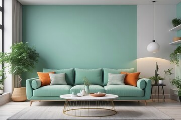 Living Room Design With Orange Sofa And Mint Green Accent Wall