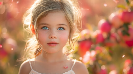 Fototapeta premium Adorable blond girl with blue eyes in the apple garden. 