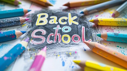 Obraz premium Scattered colorful crayons, pencils, and pens on a desk depict the back-to-school concept. Whimsical Back-to-School Chalk Drawing. Children's Art with 'Back to School' Text on White Background