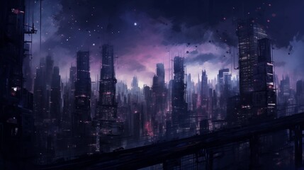 Obraz premium Futuristic Dark Cityscape at Night with Starry Sky and Purple Horizon