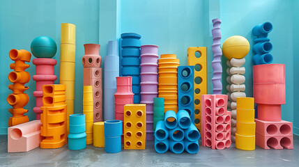 A colorful arrangement of variously shaped and sized foam blocks stacked to resemble a cityscape. The blocks are in bright colors such as yellow, blue, pink, and orange, and are set