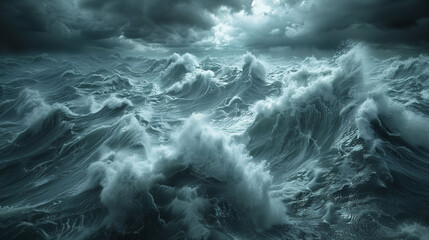 A dramatic and intense image of a stormy sea with large, crashing waves under a dark, cloudy sky.