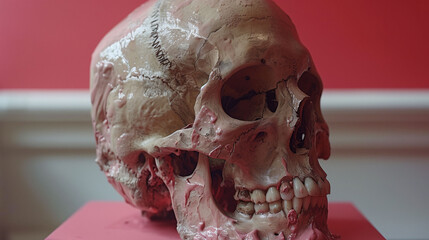 A close-up of a human skull model with visible teeth and cracks, set against a red background.