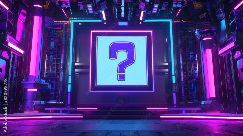 Wall mural game stage for quiz show contest on tv channel with answers on screen. neon tournament theme at live