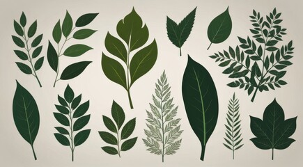 Green leaves set, simple flat style cartoon design graphic elements isolated on a white background