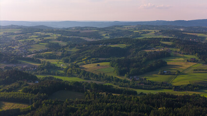 Lesser Poland rolling hills and rural landscape near Ciezkowice. Aerial drone view