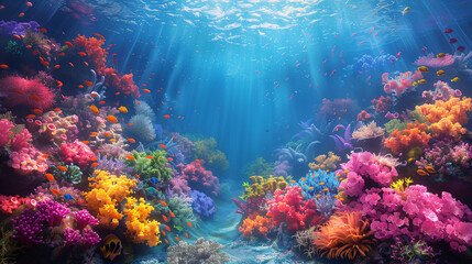 A vibrant underwater scene featuring a colorful coral reef with various types of corals and numerous small fish swimming around. Sunlight filters through the water, illuminating the reef.