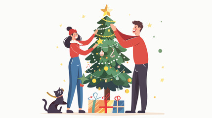 Happy couple decorating Christmas tree vector flat 