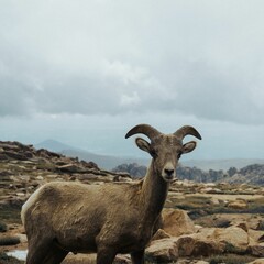Ram standing atop a rocky hillside in Pikes Peak, Colorado, against a clouded sky