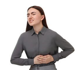 Woman suffering from stomach pain on white background