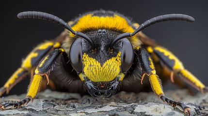 Close-up of a yellow and black wasp on a textured surface, showcasing its detailed features and vibrant colors.