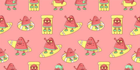 seamless pattern of summer watermelon characters on pink background