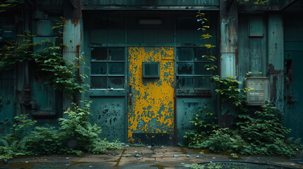 An abandoned industrial building with a weathered yellow door surrounded by overgrown vegetation. The walls are rusted and peeling, and the ground is littered with debris.