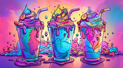  Three ice cream milkshakes with melting whipped cream sprinkles, dripping and splashing into the background, cartoon illustration