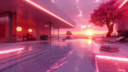 A luxurious modern house with an infinity pool at sunset. The scene is bathed in pink and purple hues, with neon lights accentuating the architecture