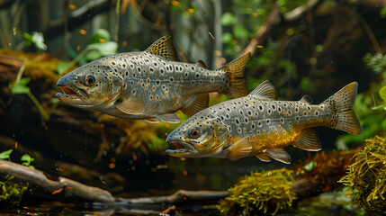 Two brown trout swimming in a freshwater stream surrounded by aquatic plants and moss-covered rocks.