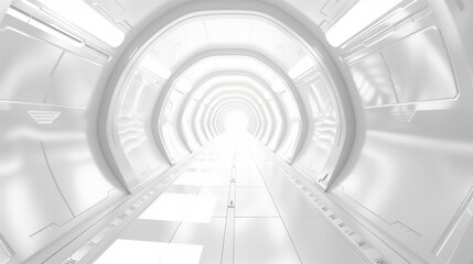 A long, narrow, white hallway with a shiny, reflective surface. The hallway is empty and he is a part of a futuristic building