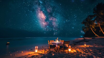 Amazing beach dinner setting under Milky Ways night sky. Luxury destination dining, honeymoon or anniversary dinner, flowers and candles for the best romantic experience. Stunning colorful outdoors