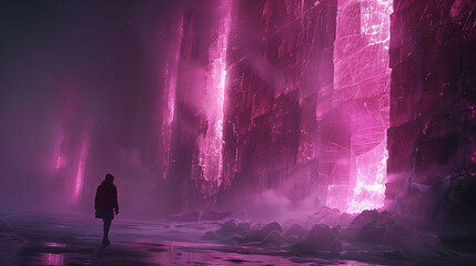 A person walking towards a massive, glowing pink wall in a surreal, foggy environment. The scene is mysterious and otherworldly, with a sense of exploration and discovery.