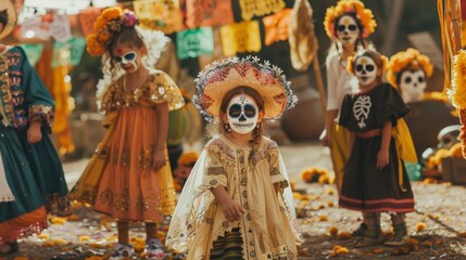 Fototapeta premium Children Celebrating Dia de los Muertos in Traditional Costumes