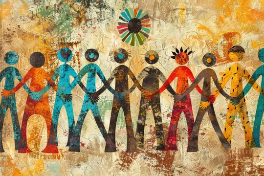 A painting of a group of people standing in a line. Ideal for illustrating teamwork and unity