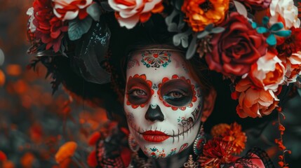 Vibrant Day of the Dead Makeup and Floral Headpiece Portrait