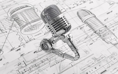 Retro Microphone Set Against a Background of Technical Blueprints, Highlighting Engineering Details