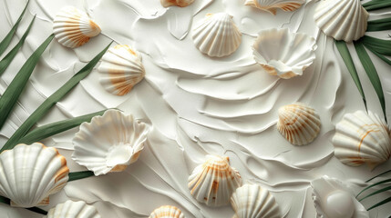 white texture background with shells and plants, plaster figures, bas-relief, architecture, wallpaper, wall, design, decor, interior, apartment, waves, marine style, place for text, layout, blank