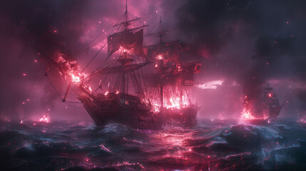 A dramatic scene of three sailing ships on fire in a stormy sea at night. The sky is filled with dark clouds and the ocean waves are turbulent. 