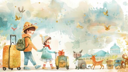Travel illustration for traveling with family, children with suitcases and pets for a vacation trip, on a turquoise background with a free place to insert text