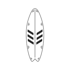 Surfboard line doodle vector illustration. Hand drawn Surfing symbol. Outline beach summer activity icon. Extreme sport equipment