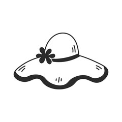 Beach summer hat doodle illustration. Hand drawn vector headwear accessory with flower blossom for woman. Isolated black line art.