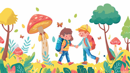 Happy kids walking together in fairy forest of wonder