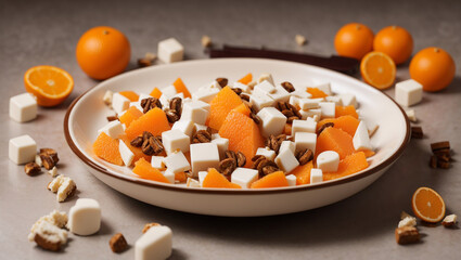 It's a white bowl with a salad of orange segments, marshmallows, and nuts.