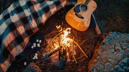 A Tartan guitar lies beside a blazing campfire, adding a touch of plaid pattern to the rustic setting. The warm glow of the fire creates a cozy atmosphere for recreational musicmaking AIG50